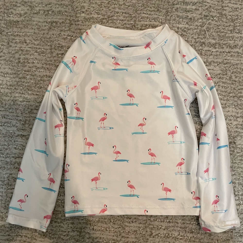 NEW Kenny Flowers unisex rash guard UPF 50+, The Surfing Flamingos, Size 6M